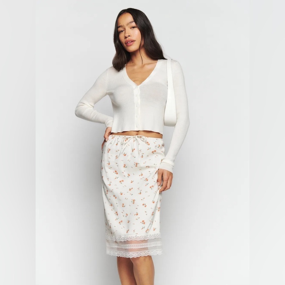 Reformation White Floral Midi Skirt with Lace Trim